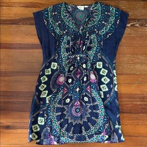 Maeve Navy Mini Dress with Teal, Purple & Mint Medallion Print
